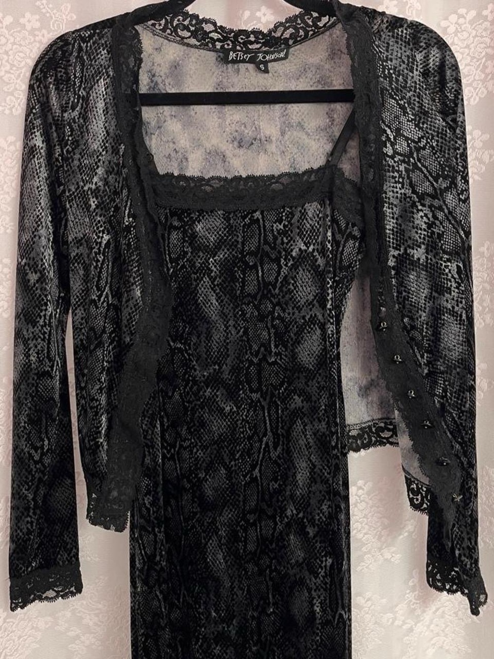 Betsey Johnson Black Lace-Trim Snakeprint dress & Cardigan Set